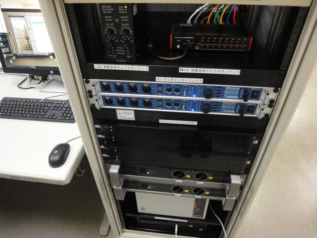 写真： （左）無響室と残響室外観 （右）測定システム